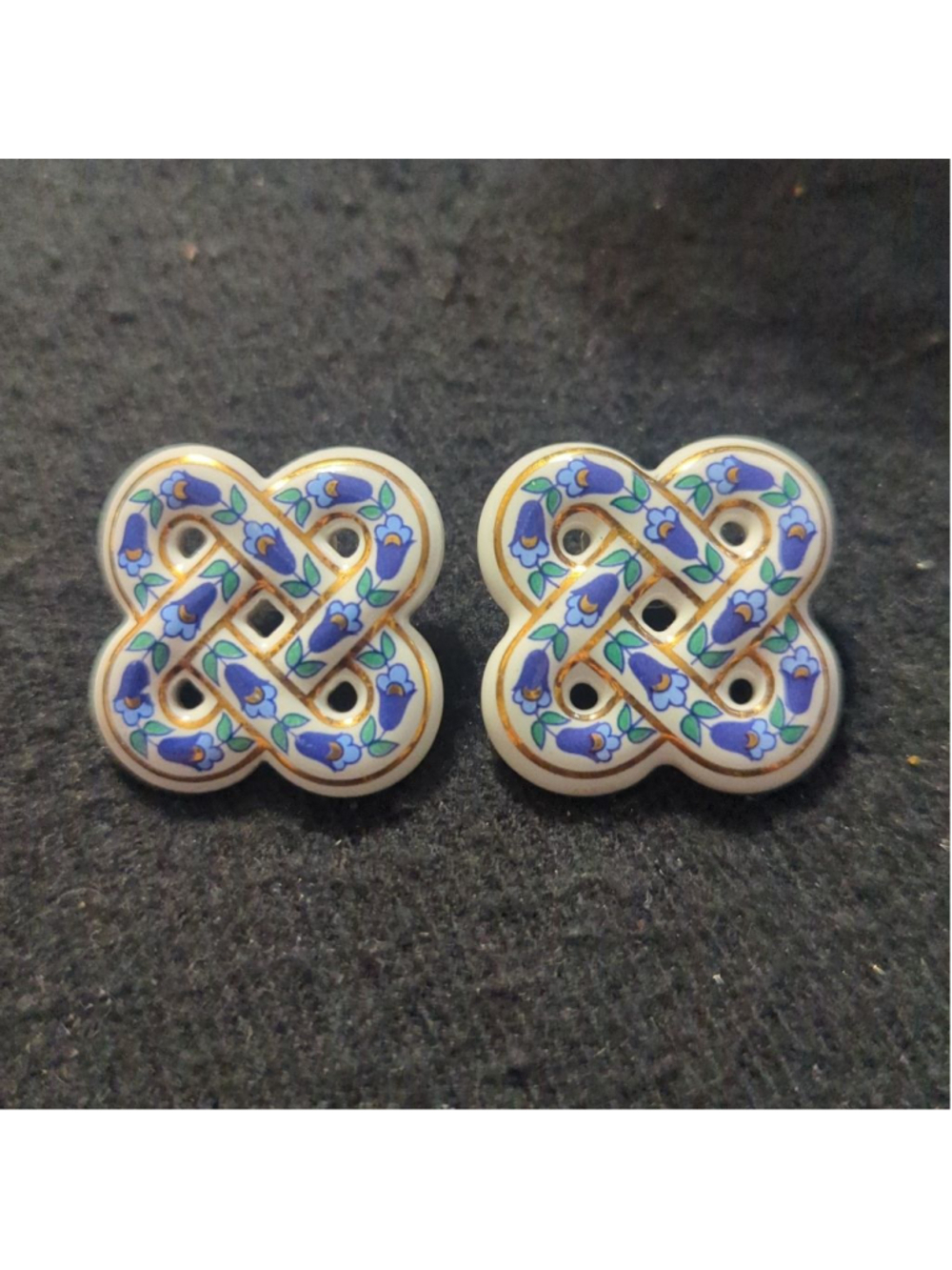 White Blue Gold Floral Celtic Knot Ceramic Statement Earrings